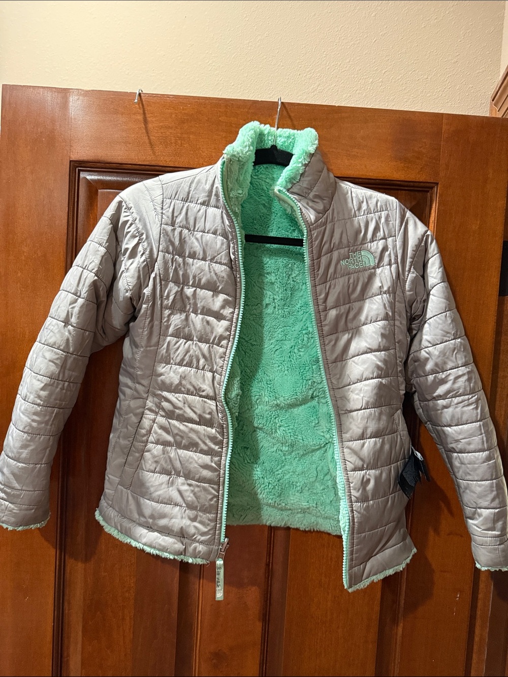 The North Face Reversible Silver Jacket with Mint Green Sherpa Lining